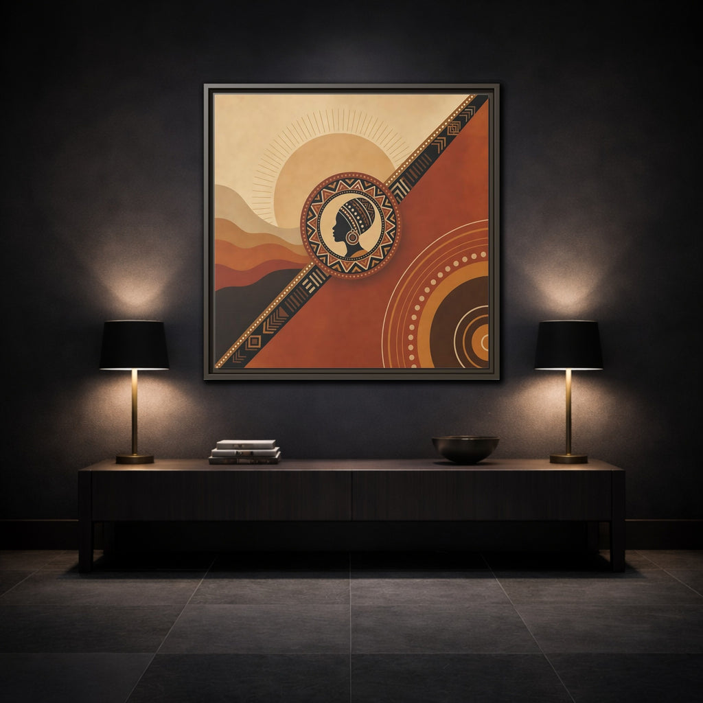 Mockup 3. Abstract African Woman Brown And Orange shown as stretched canvas wall art