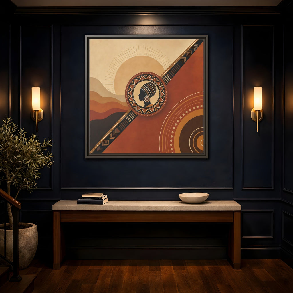 Mockup 4. Abstract African Woman Brown And Orange shown as stretched canvas wall art