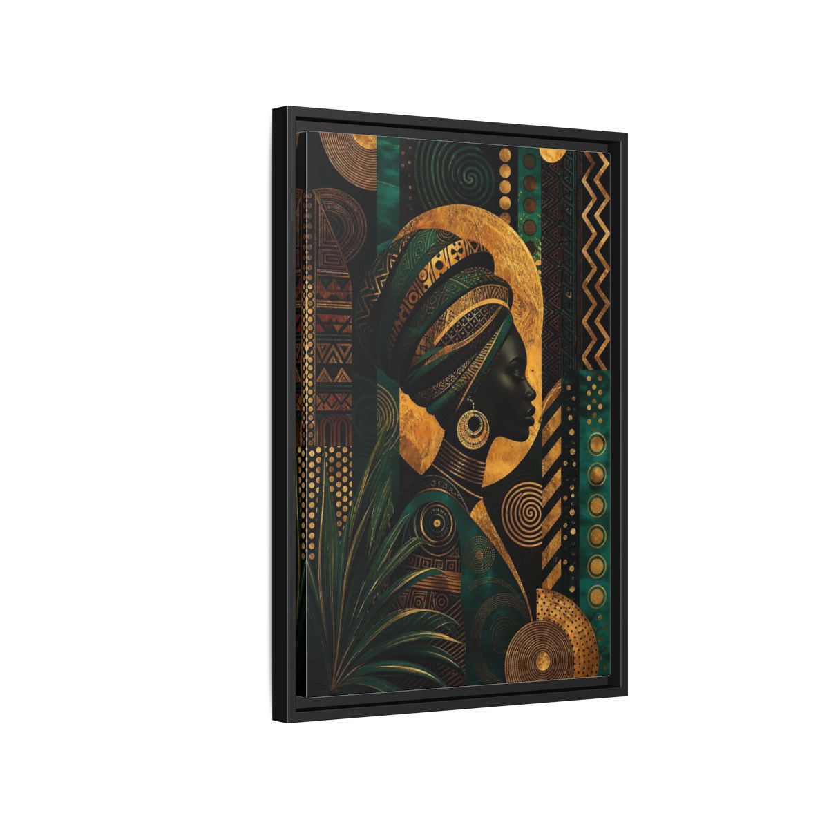 Side Mockup 3. Abstract African Woman Gold And Green shown as stretched canvas wall art