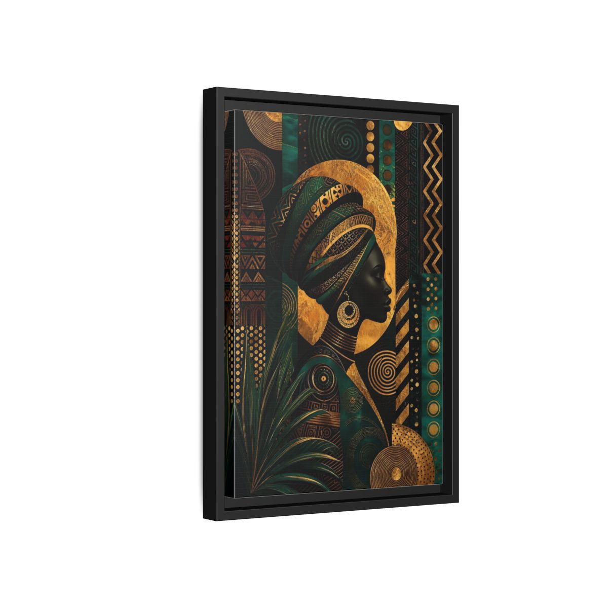 Side Mockup 6. Abstract African Woman Gold And Green shown as stretched canvas wall art