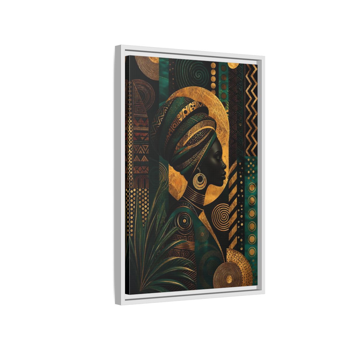 Side Mockup 1. Abstract African Woman Gold And Green shown as stretched canvas wall art