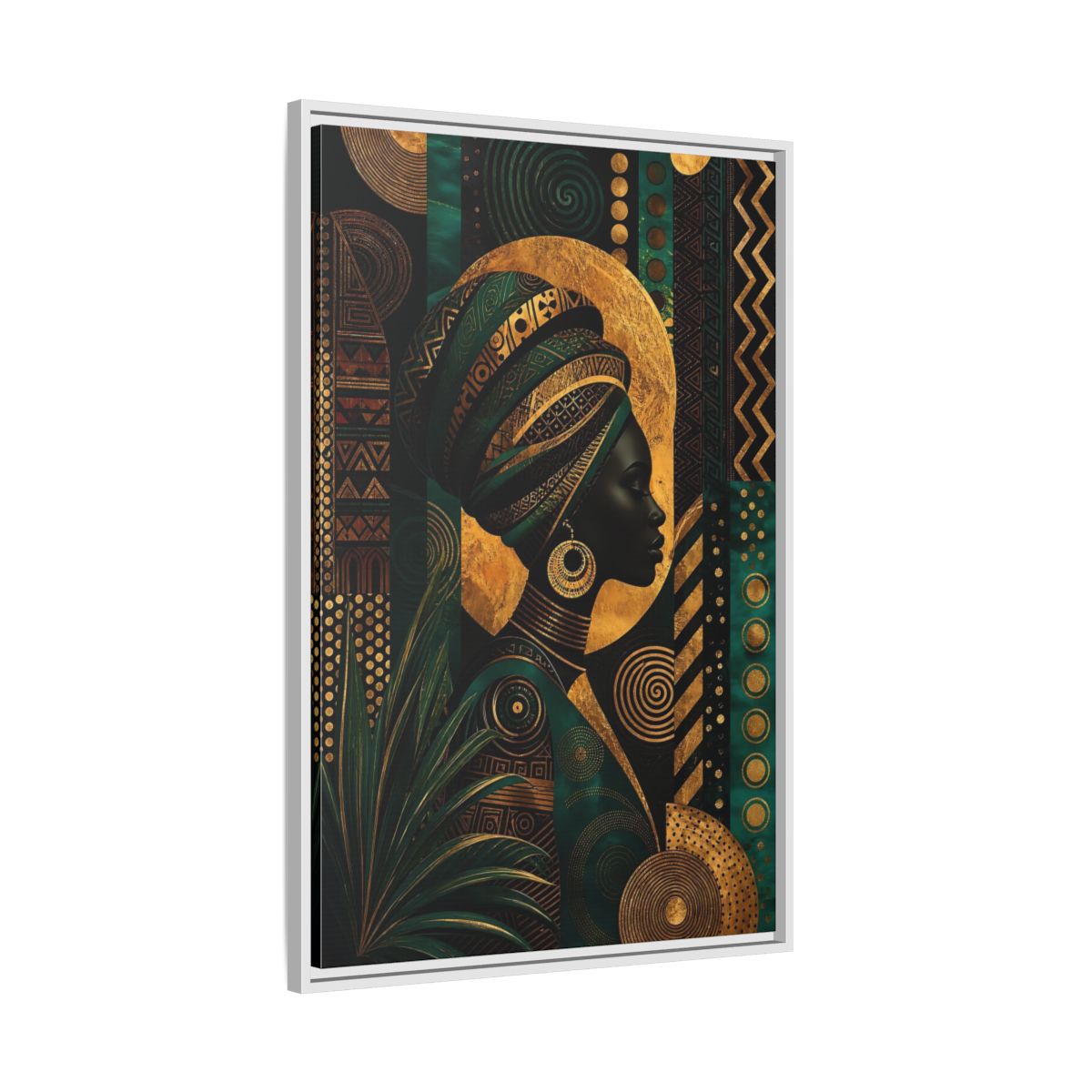 Side Mockup 9. Abstract African Woman Gold And Green shown as stretched canvas wall art