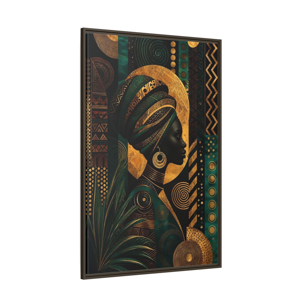 Side Mockup 8. Abstract African Woman Gold And Green shown as stretched canvas wall art
