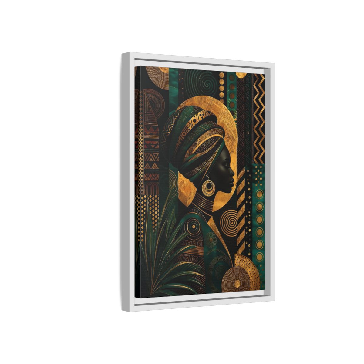 Side Mockup 4. Abstract African Woman Gold And Green shown as stretched canvas wall art