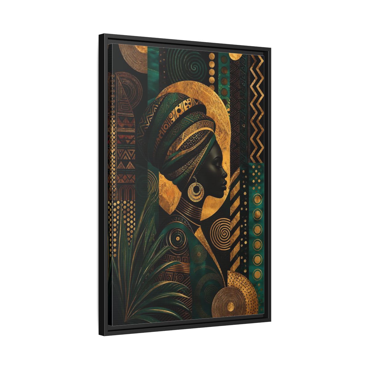 Side Mockup 14. Abstract African Woman Gold And Green shown as stretched canvas wall art