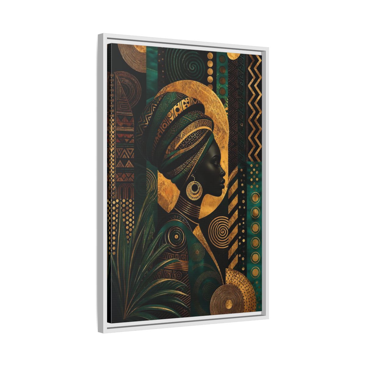 Side Mockup 10. Abstract African Woman Gold And Green shown as stretched canvas wall art