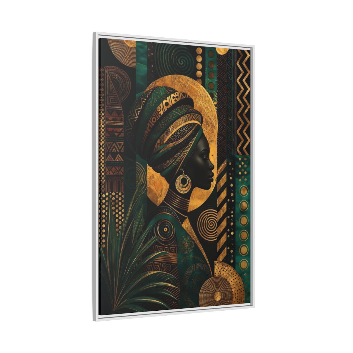 Side Mockup 7. Abstract African Woman Gold And Green shown as stretched canvas wall art