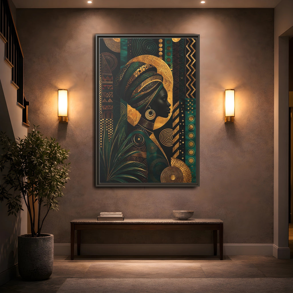 Mockup 2. Abstract African Woman Gold And Green shown as stretched canvas wall art