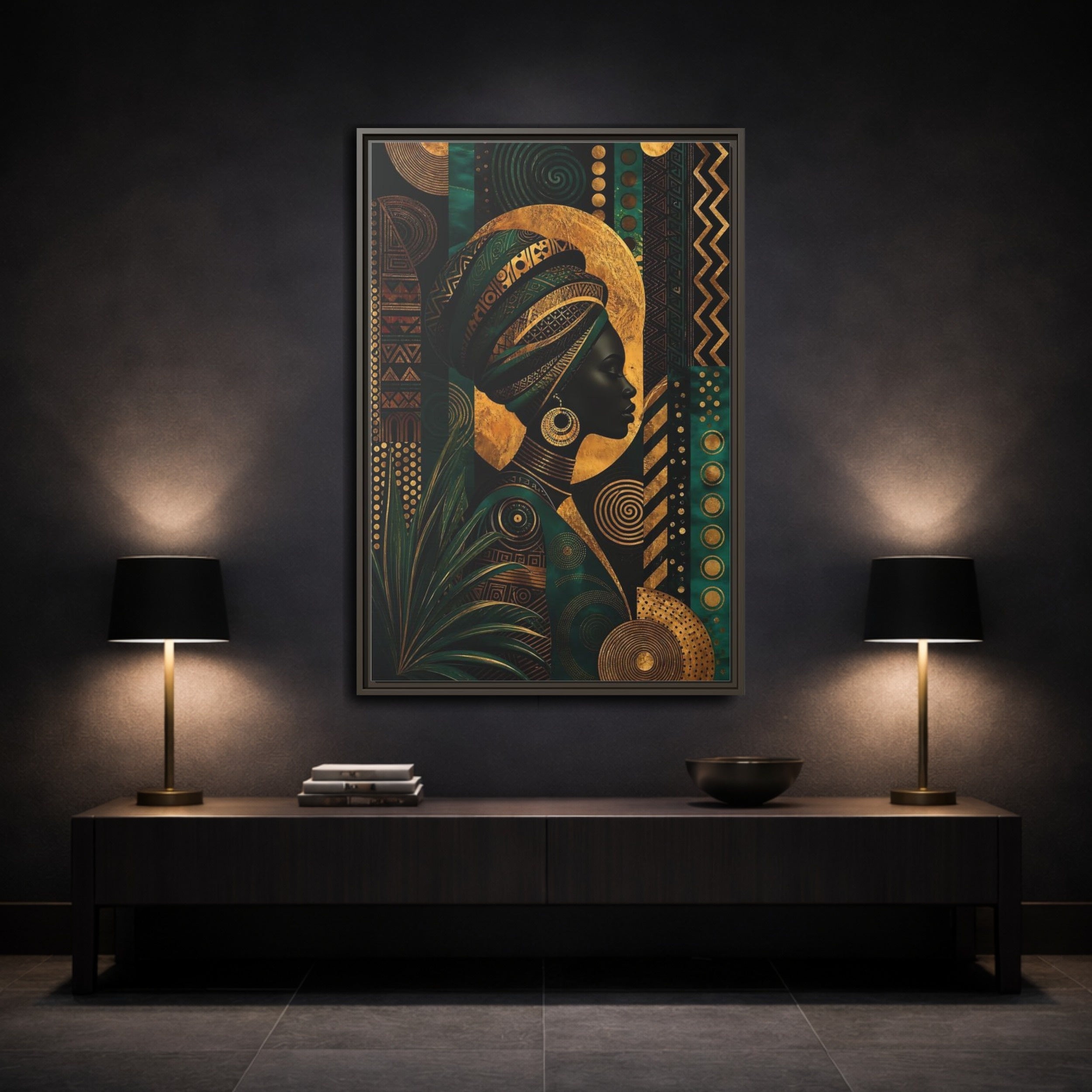Mockup 3. Abstract African Woman Gold And Green shown as stretched canvas wall art