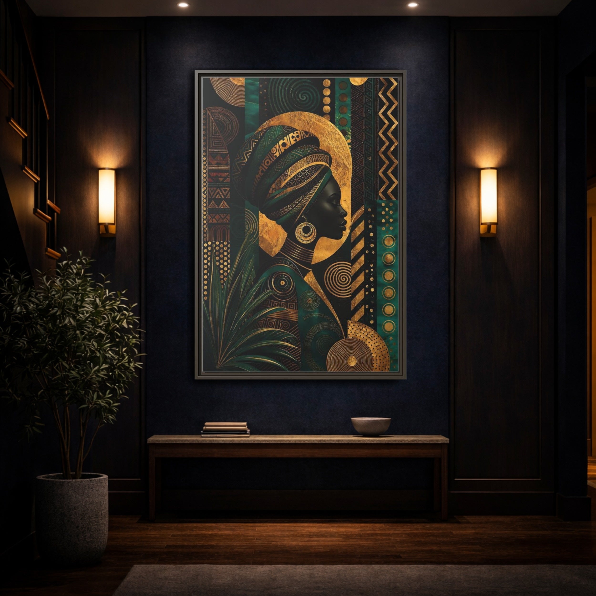 Mockup 4. Abstract African Woman Gold And Green shown as stretched canvas wall art
