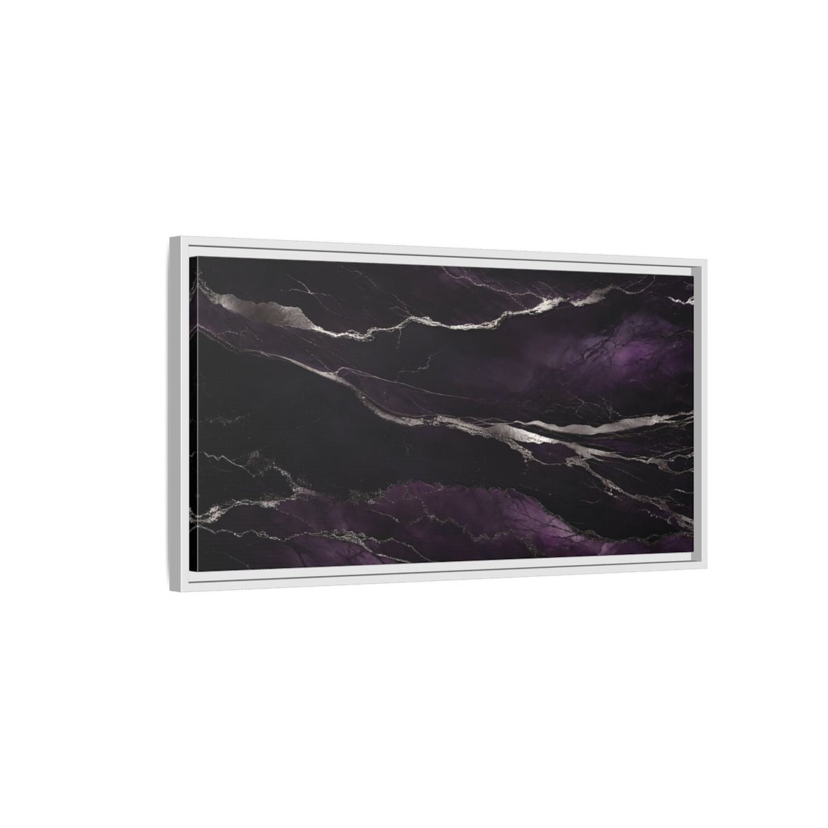 Side Mockup 1. Abstract Agate Pattern Purple And Silver shown as stretched canvas wall art