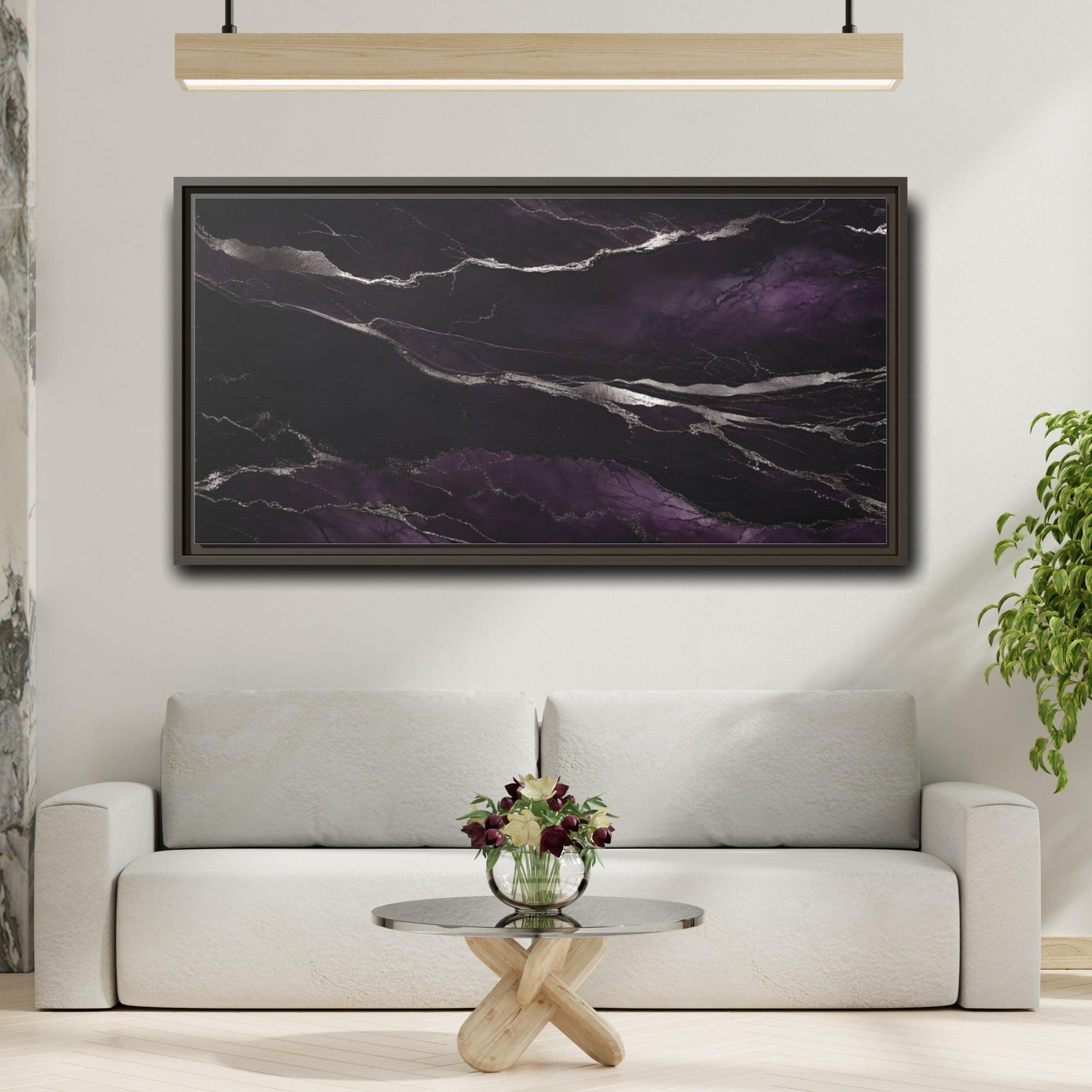 Mockup 2. Abstract Agate Pattern Purple And Silver shown as stretched canvas wall art