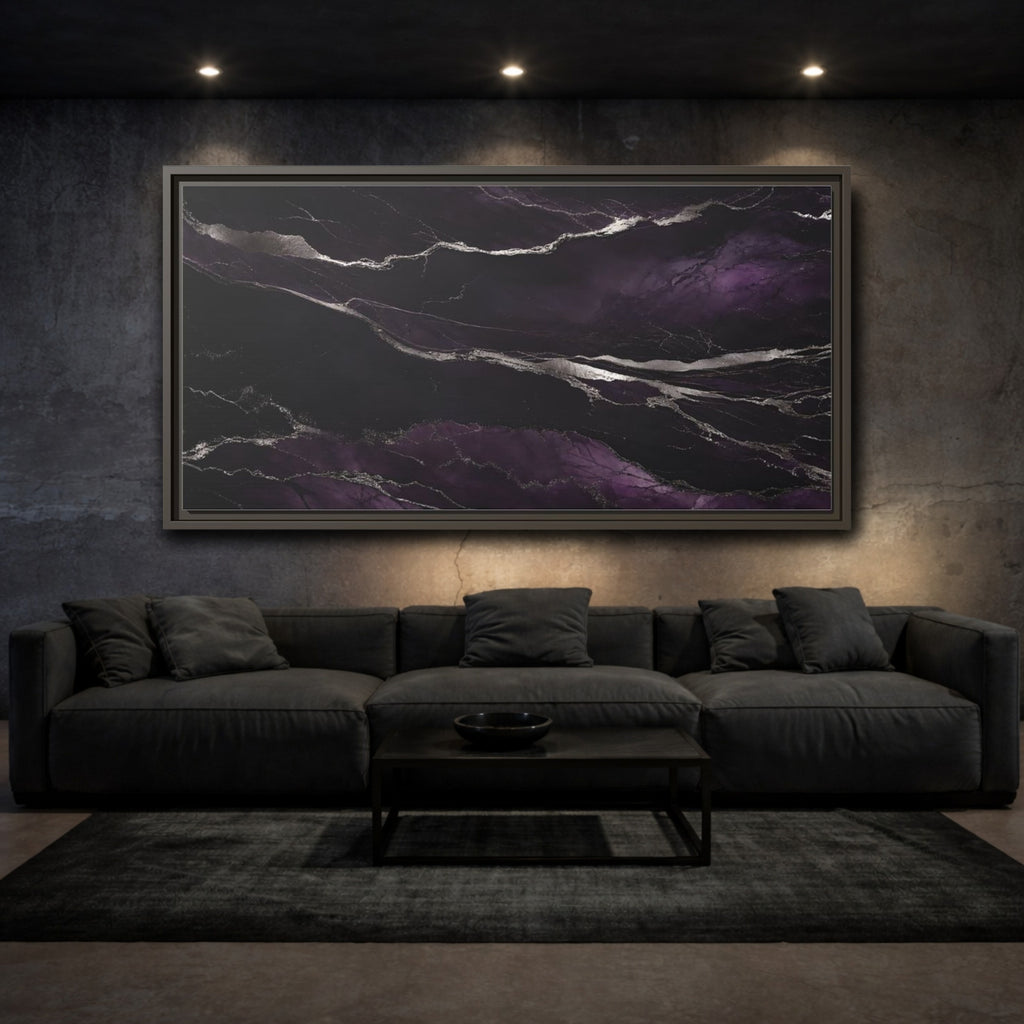 Mockup 3. Abstract Agate Pattern Purple And Silver shown as stretched canvas wall art