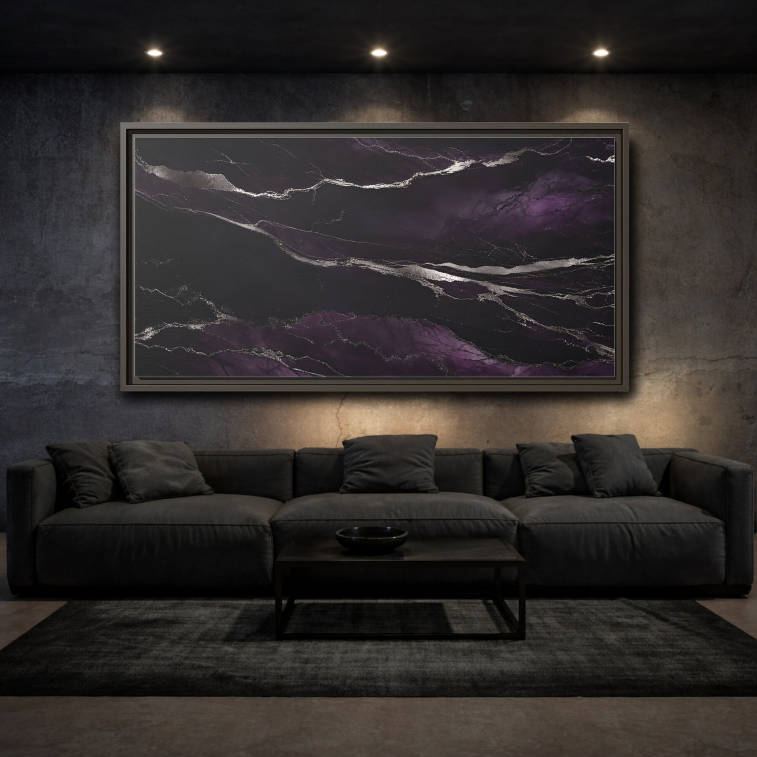 Mockup 3. Abstract Agate Pattern Purple And Silver shown as stretched canvas wall art