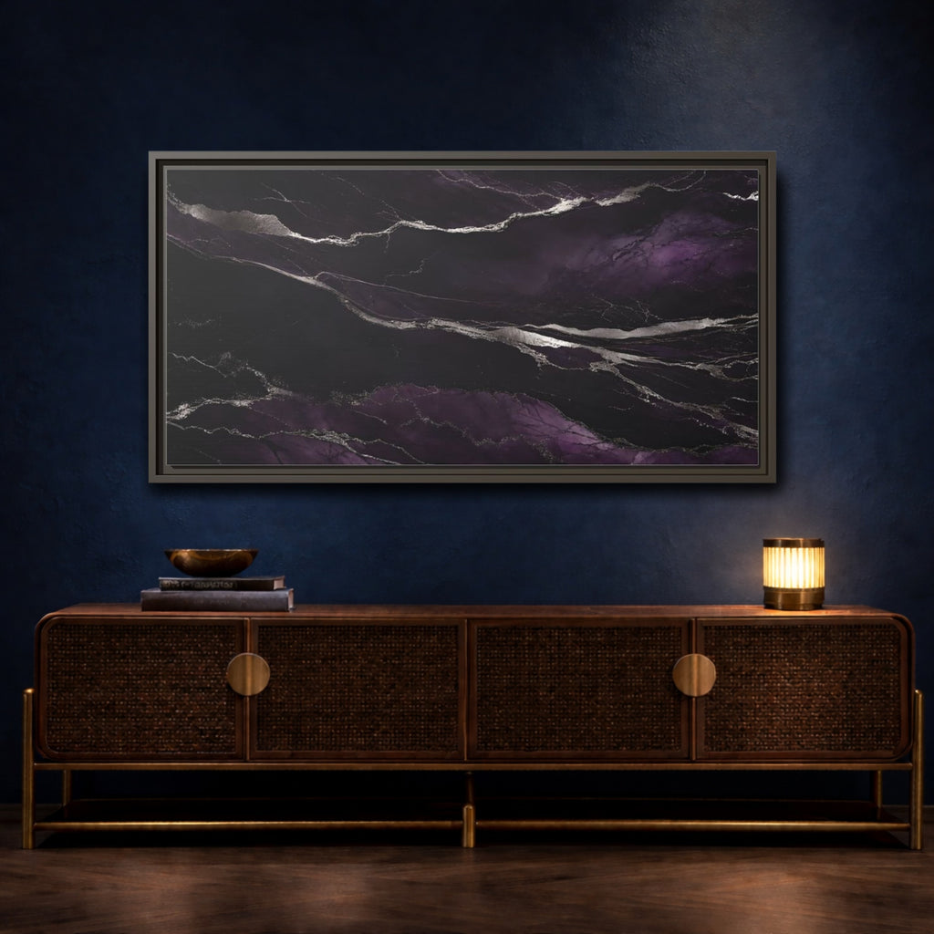 Mockup 4. Abstract Agate Pattern Purple And Silver shown as stretched canvas wall art