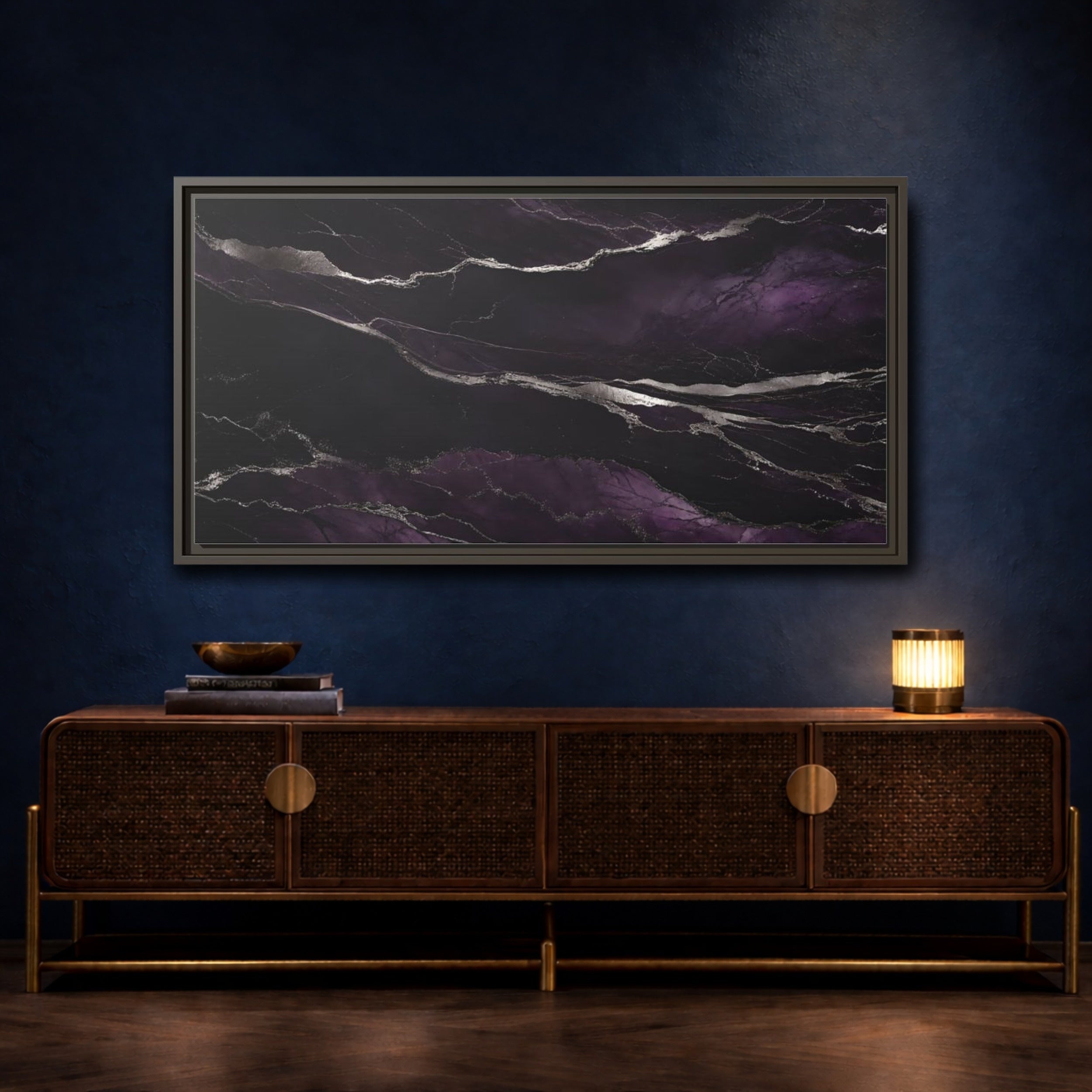 Mockup 4. Abstract Agate Pattern Purple And Silver shown as stretched canvas wall art
