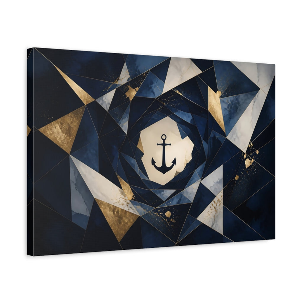 Side Mockup 3. Abstract Anchor Navy Blue Gold shown as stretched canvas wall art