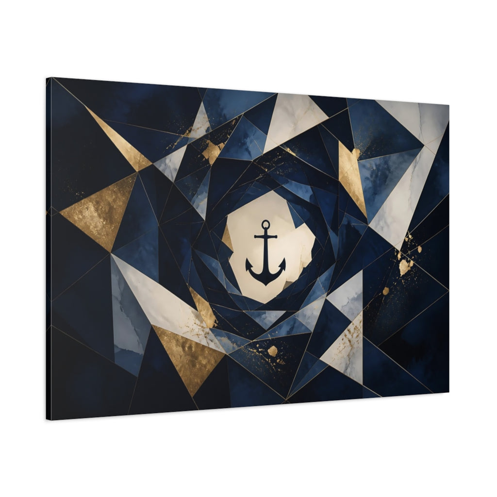 Side Mockup 1. Abstract Anchor Navy Blue Gold shown as stretched canvas wall art