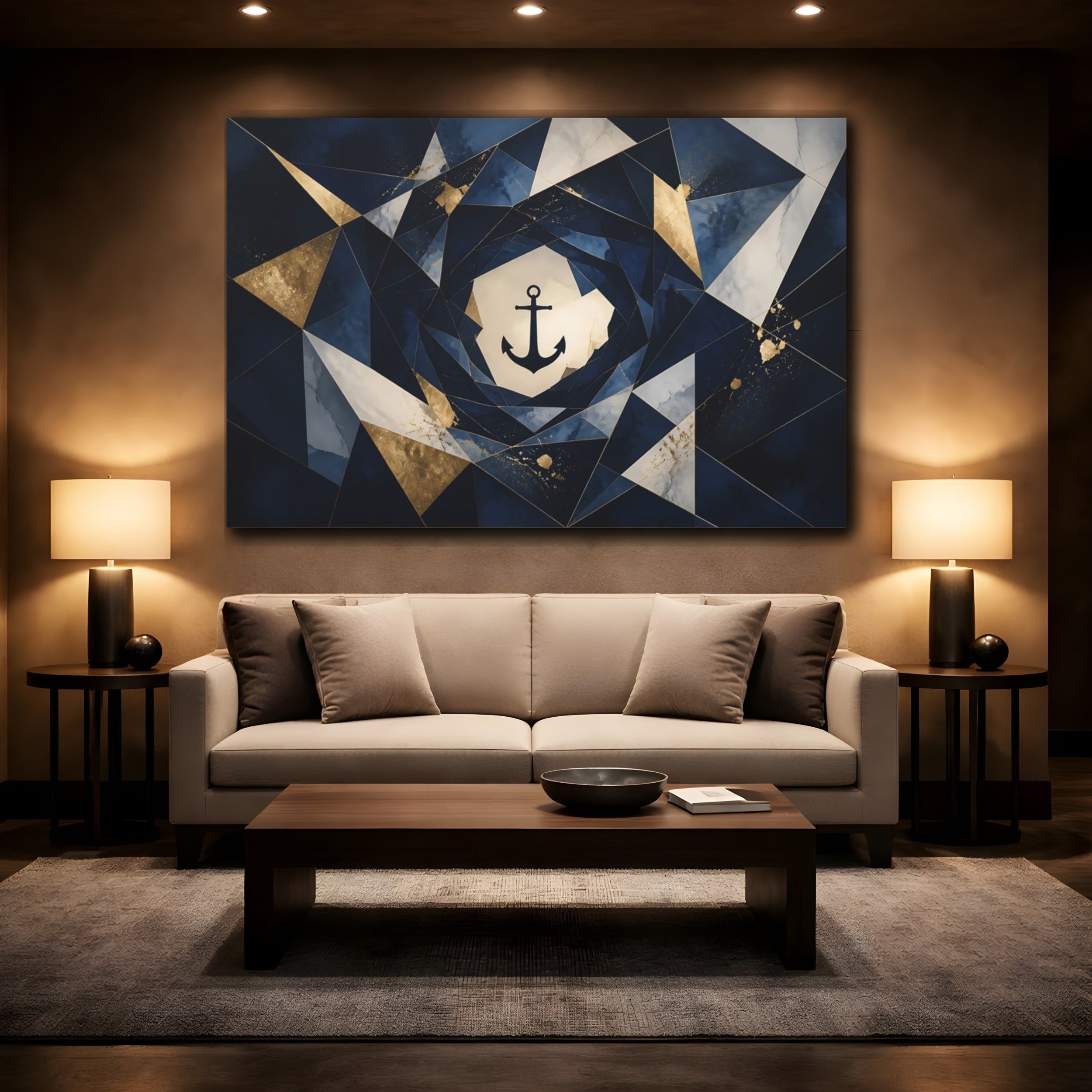 Mockup 2. Abstract Anchor Navy Blue Gold shown as stretched canvas wall art