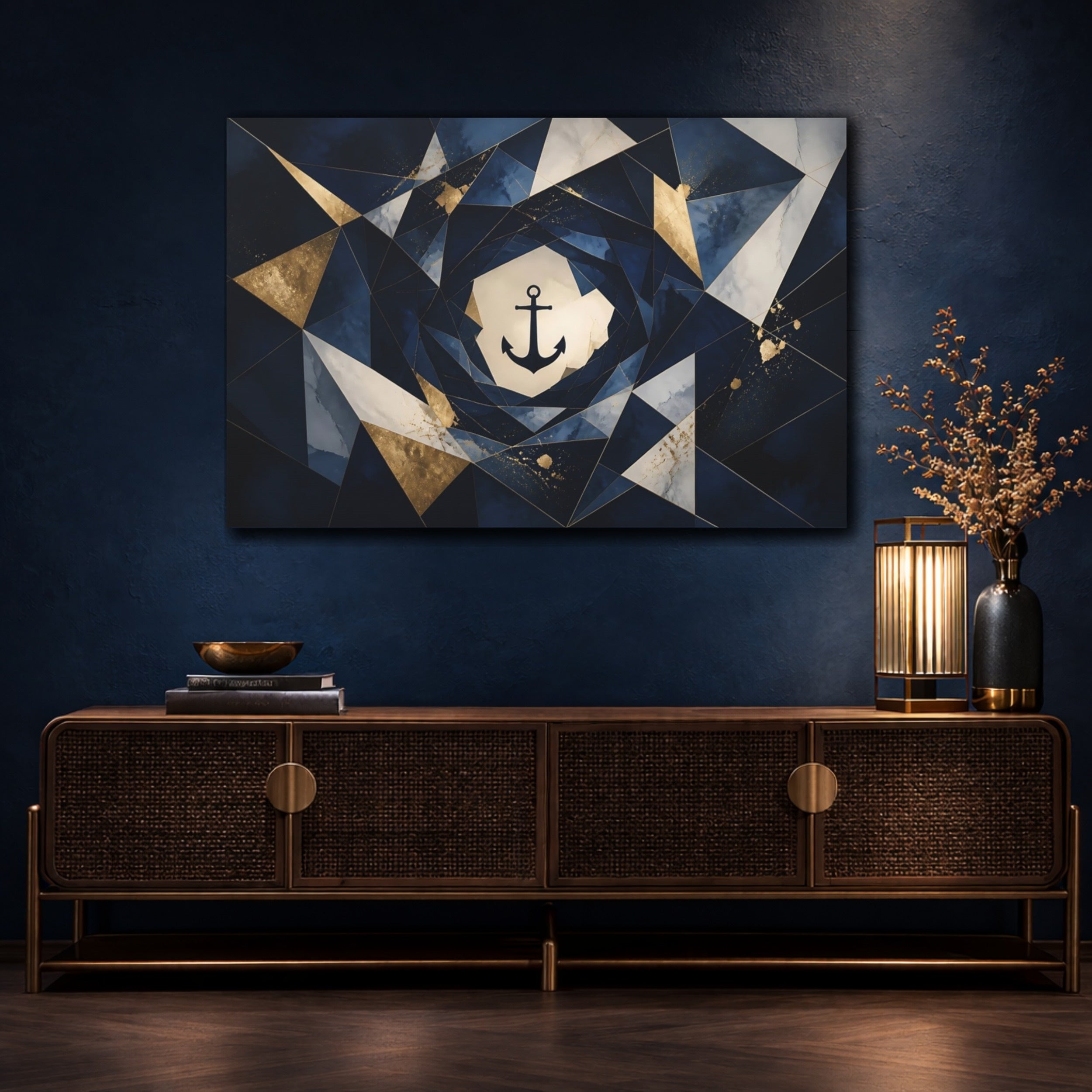 Mockup 4. Abstract Anchor Navy Blue Gold shown as stretched canvas wall art