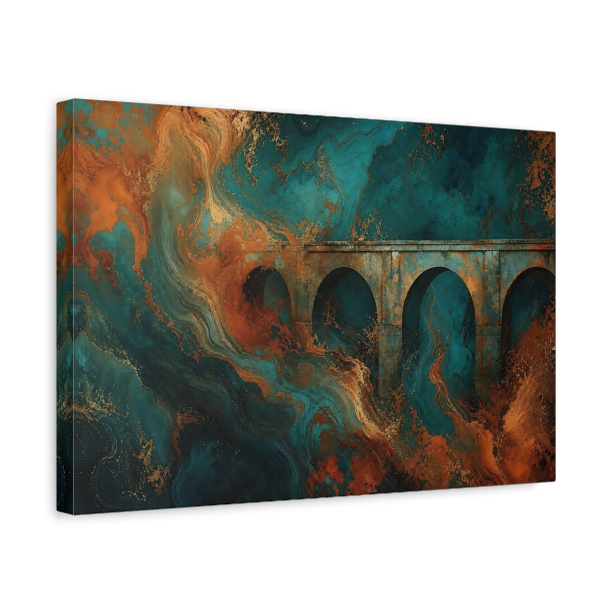Side Mockup 4. Abstract Architectural Arches Teal Gold Rust shown as stretched canvas wall art