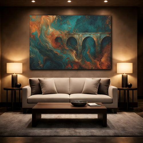 Mockup 2. Abstract Architectural Arches Teal Gold Rust shown as stretched canvas wall art