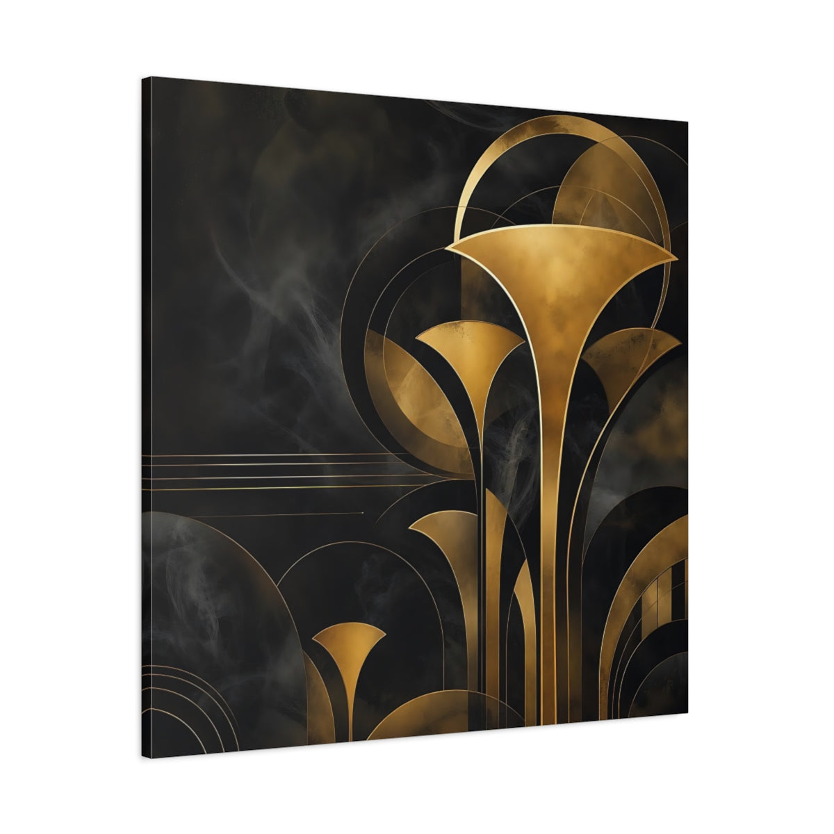 Side Mockup 1. Abstract Art Deco Foliage Black And Gold Art Deco shown as stretched canvas wall art