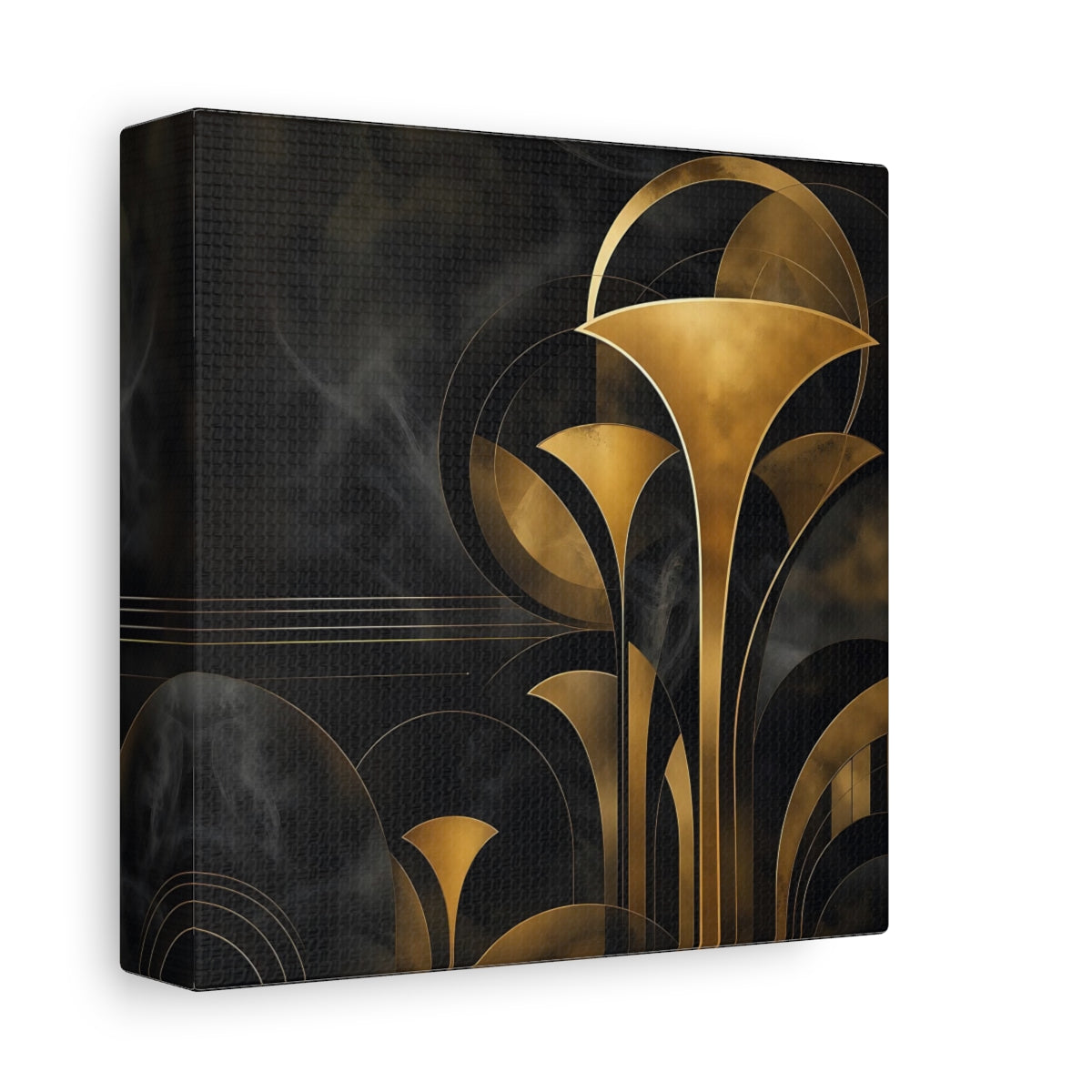 Side Mockup 2. Abstract Art Deco Foliage Black And Gold Art Deco shown as stretched canvas wall art
