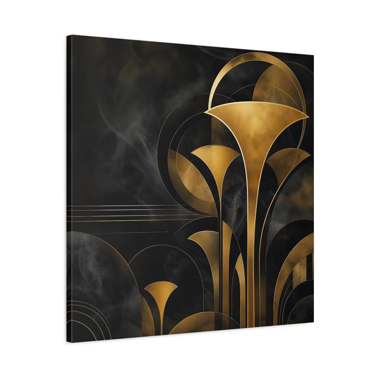 Side Mockup 3. Abstract Art Deco Foliage Black And Gold Art Deco shown as stretched canvas wall art