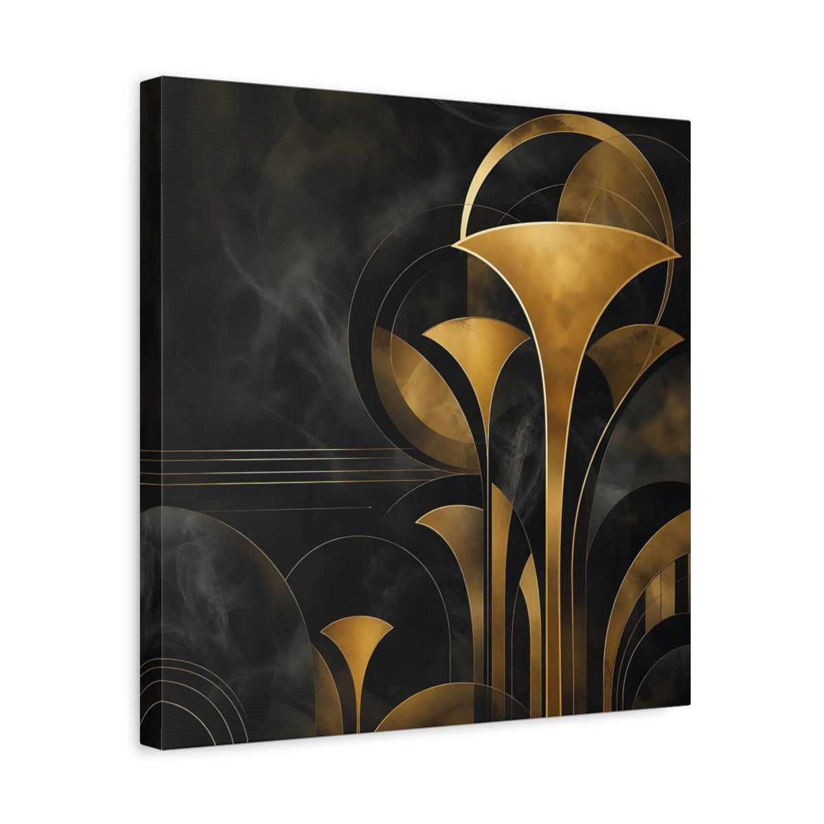 Side Mockup 6. Abstract Art Deco Foliage Black And Gold Art Deco shown as stretched canvas wall art