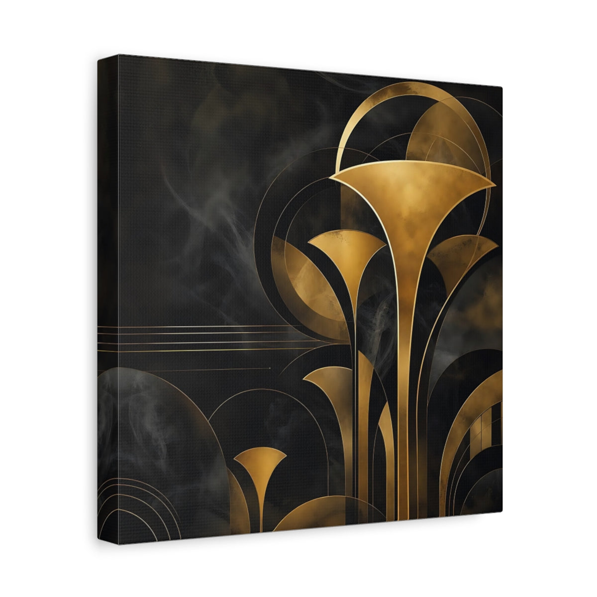 Side Mockup 8. Abstract Art Deco Foliage Black And Gold Art Deco shown as stretched canvas wall art