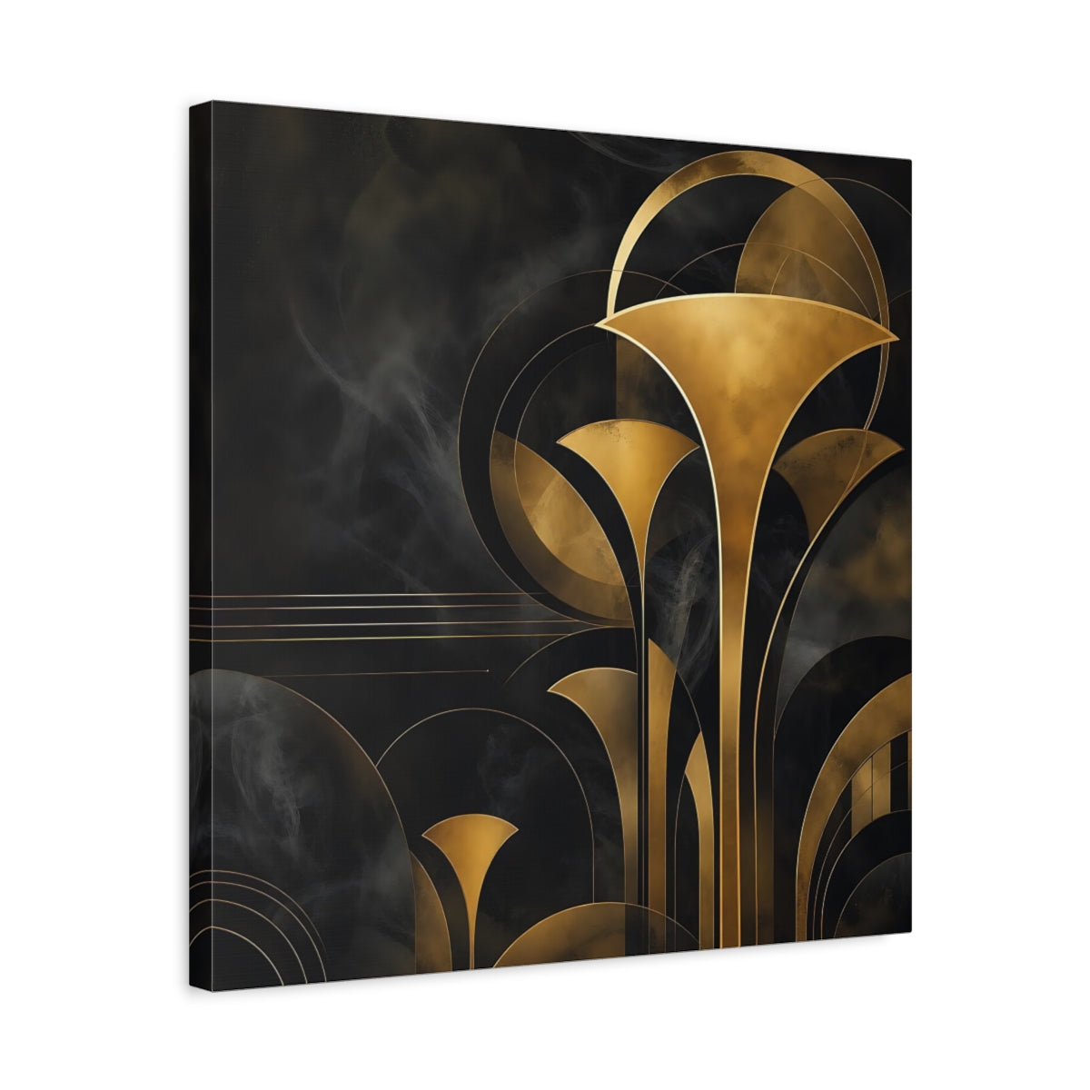 Side Mockup 5. Abstract Art Deco Foliage Black And Gold Art Deco shown as stretched canvas wall art