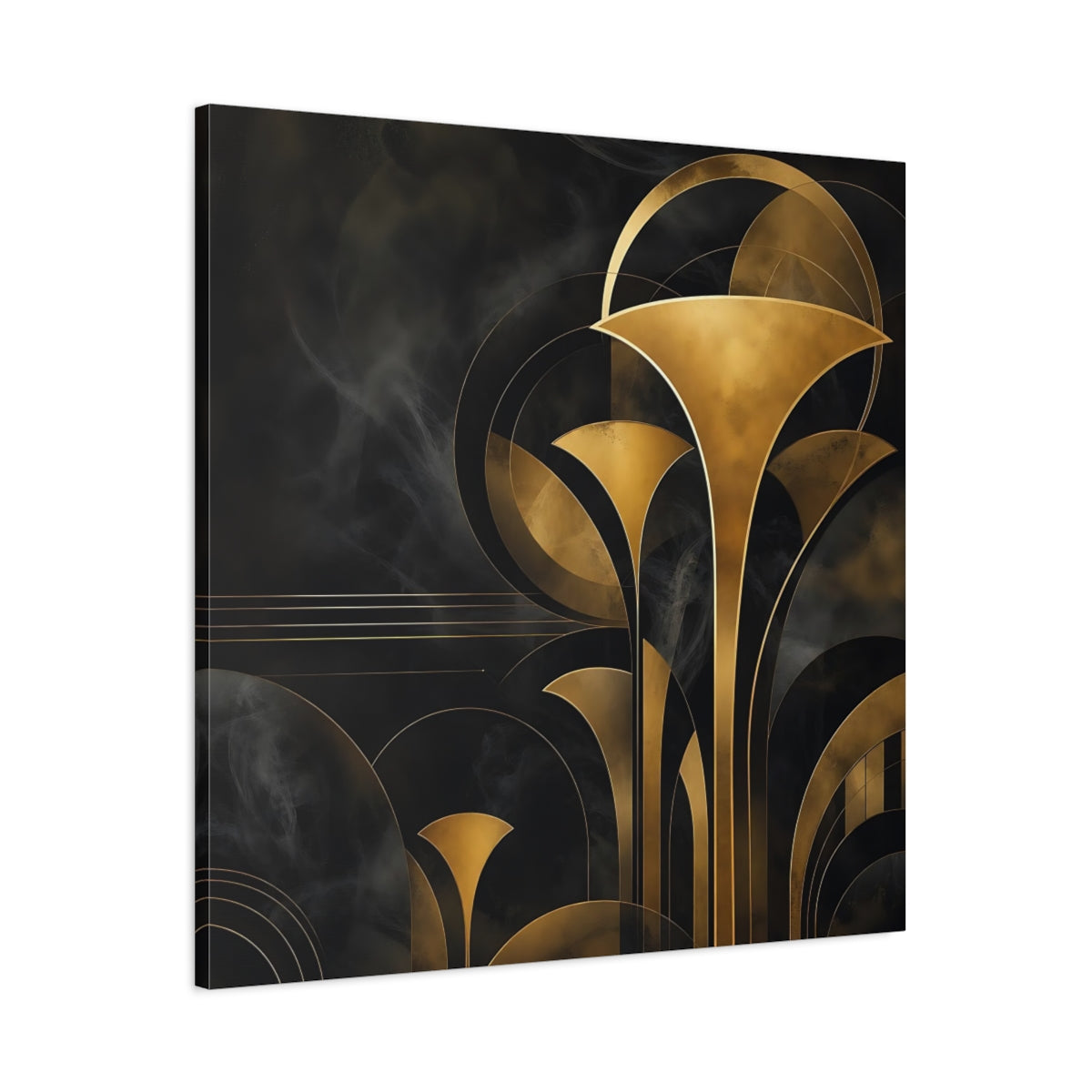 Main Mockup. Abstract Art Deco Foliage Black And Gold Art Deco shown as stretched canvas wall art