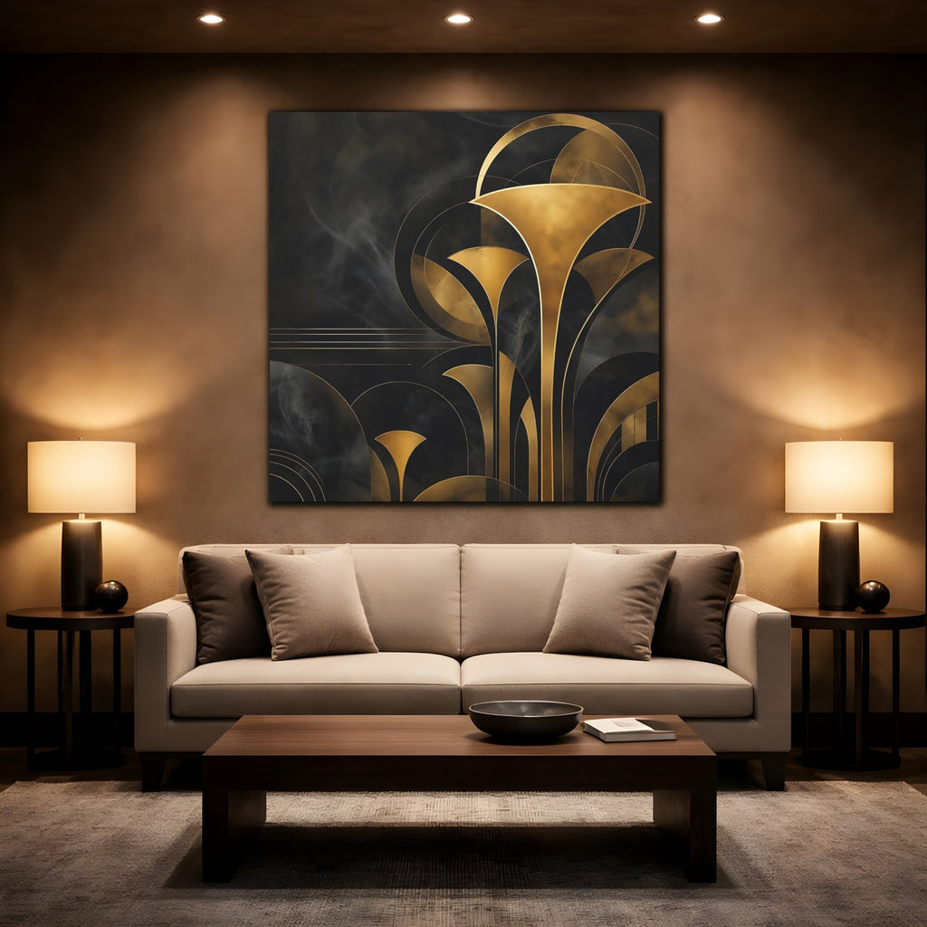 Mockup 2. Abstract Art Deco Foliage Black And Gold Art Deco shown as stretched canvas wall art