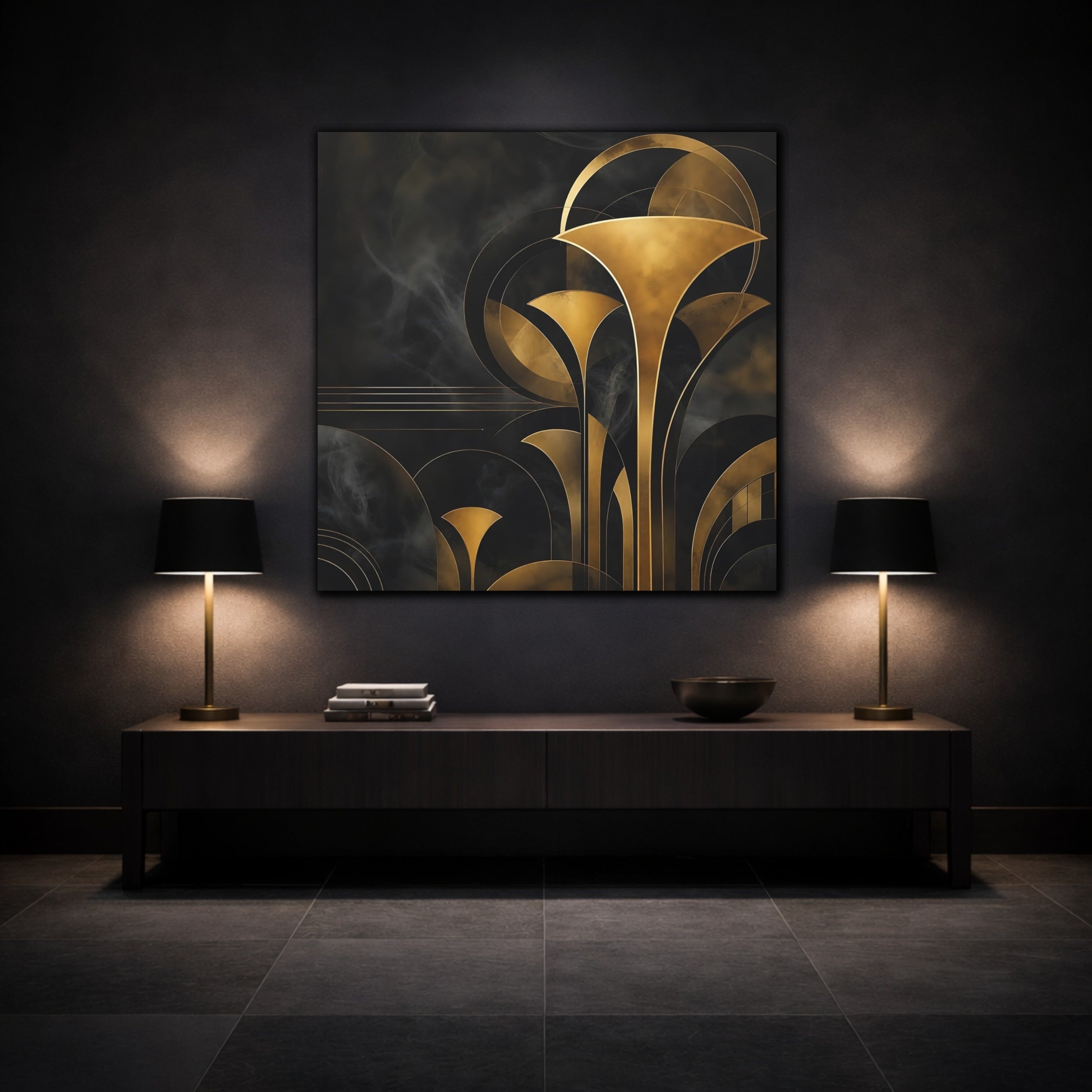 Mockup 3. Abstract Art Deco Foliage Black And Gold Art Deco shown as stretched canvas wall art