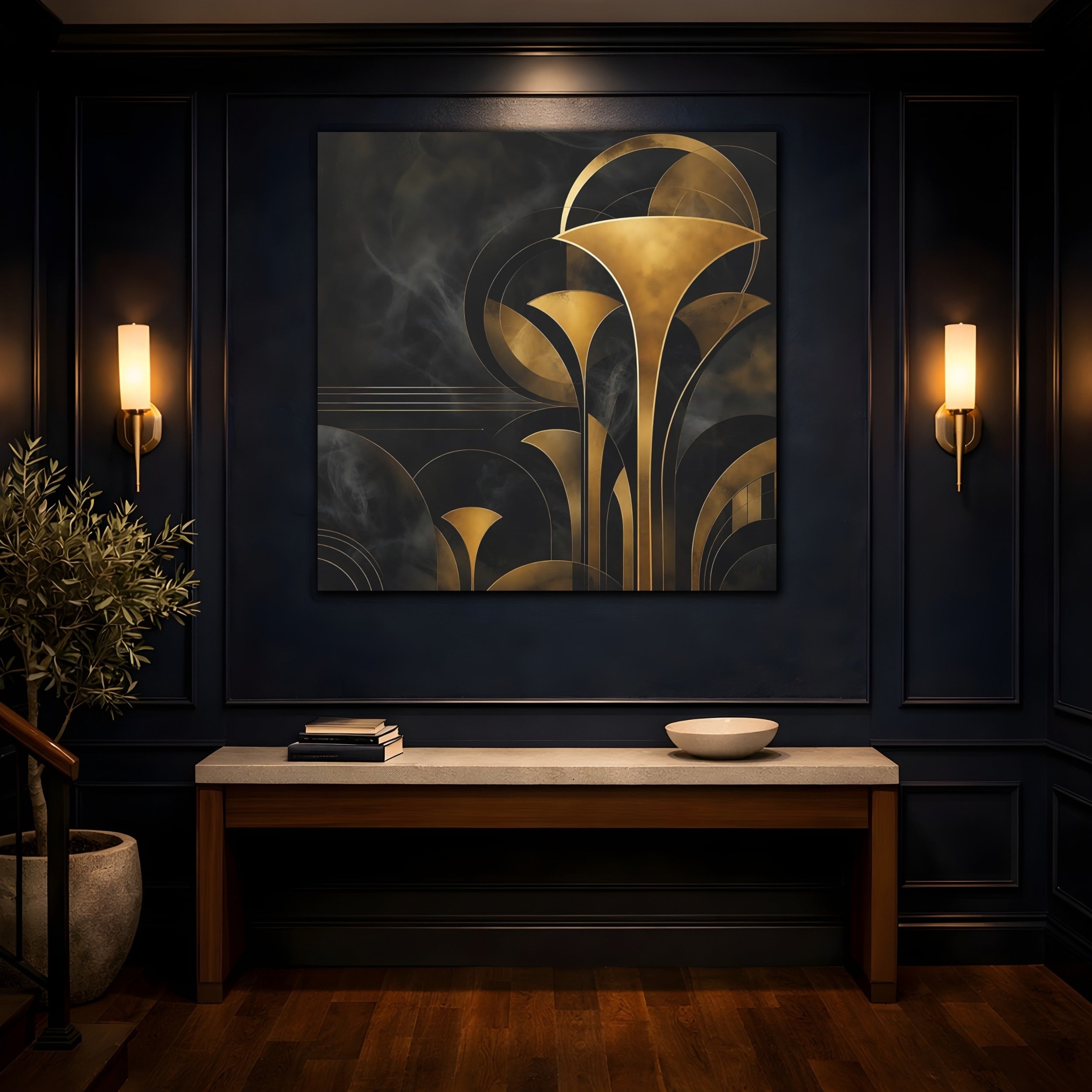 Mockup 4. Abstract Art Deco Foliage Black And Gold Art Deco shown as stretched canvas wall art