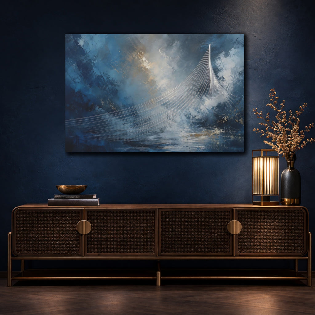 Mockup 4. Abstract Cable Bridge Blue Gold Abstract shown as stretched canvas wall art