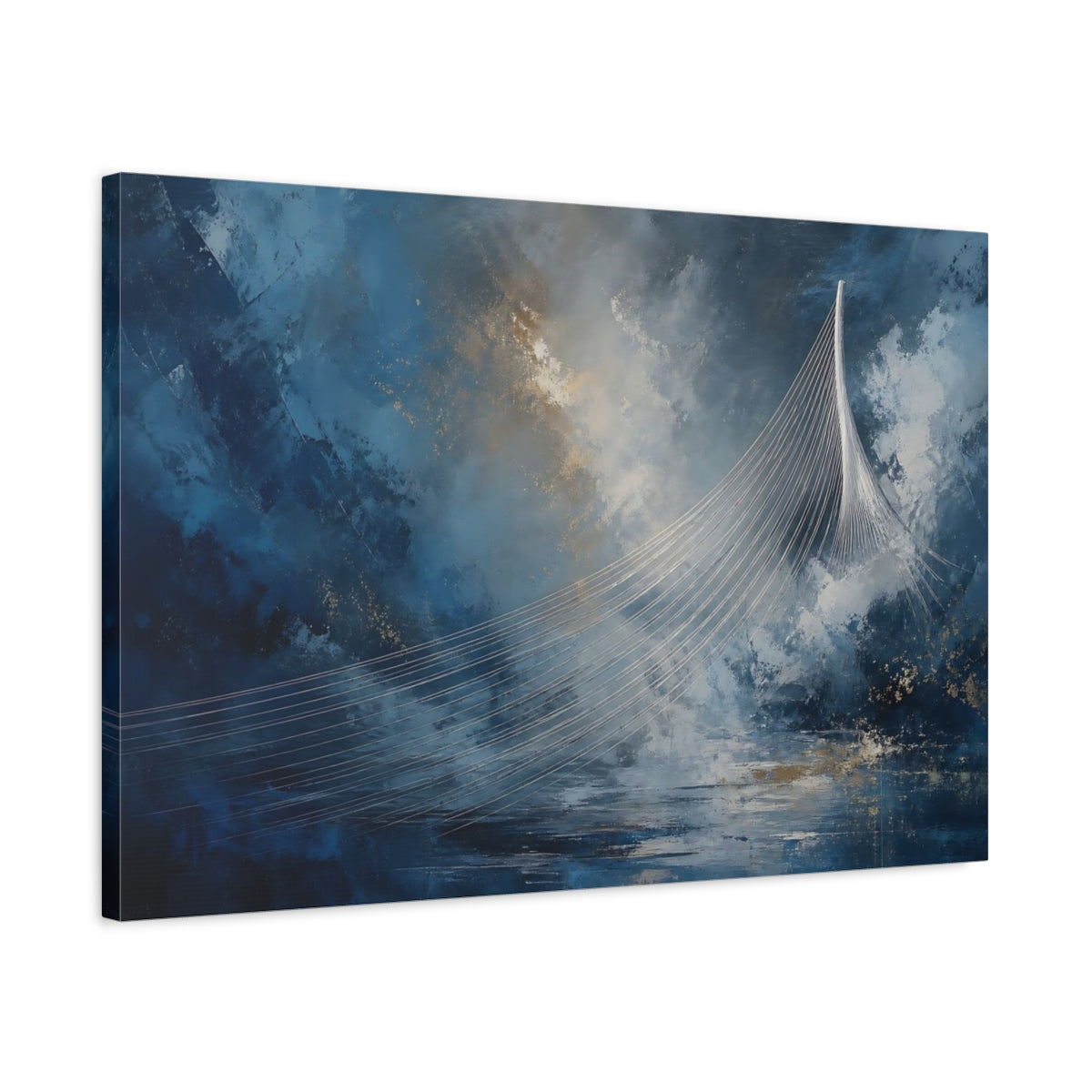 Side Mockup 2. Abstract Cable Bridge Blue Gold Abstract shown as stretched canvas wall art