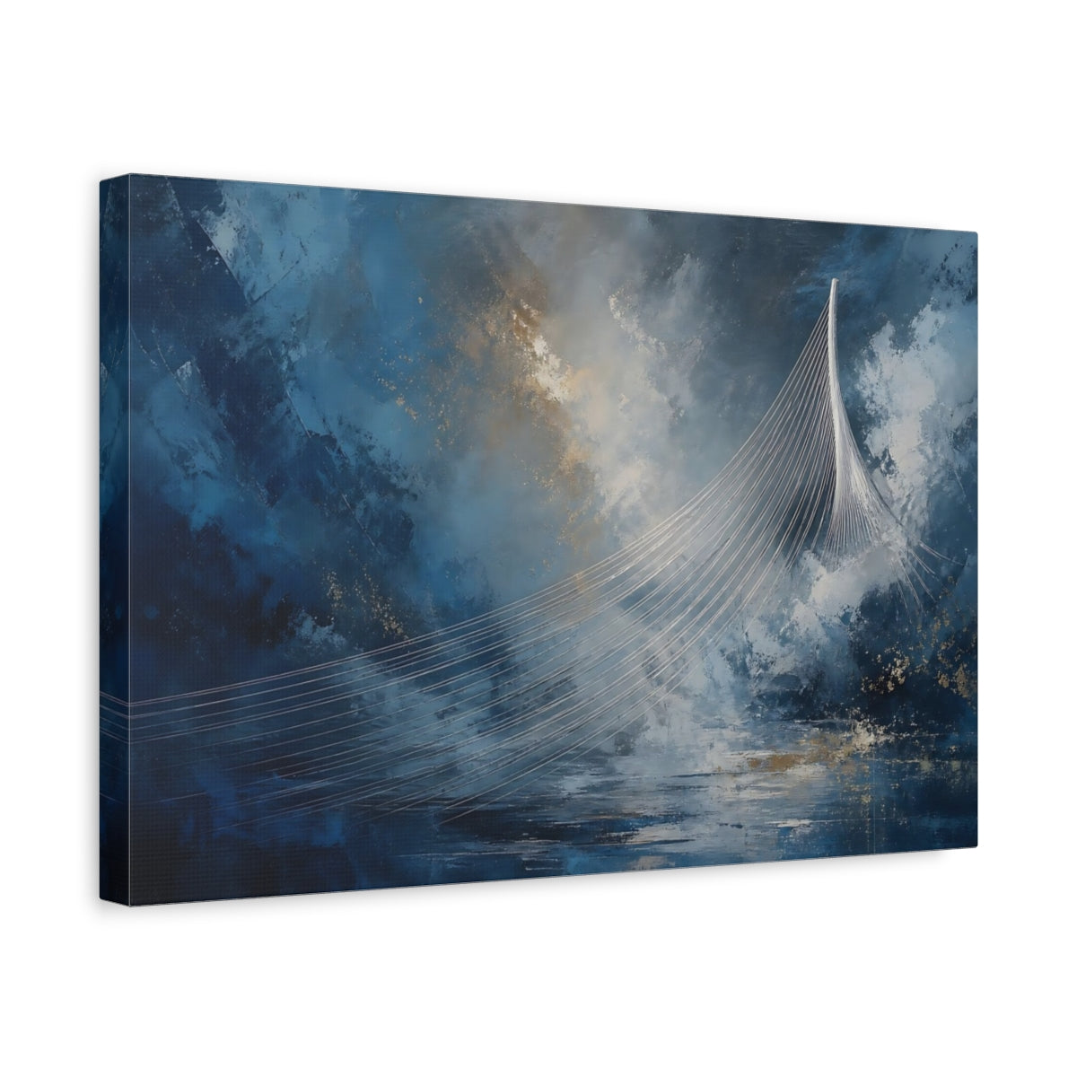 Side Mockup 4. Abstract Cable Bridge Blue Gold Abstract shown as stretched canvas wall art