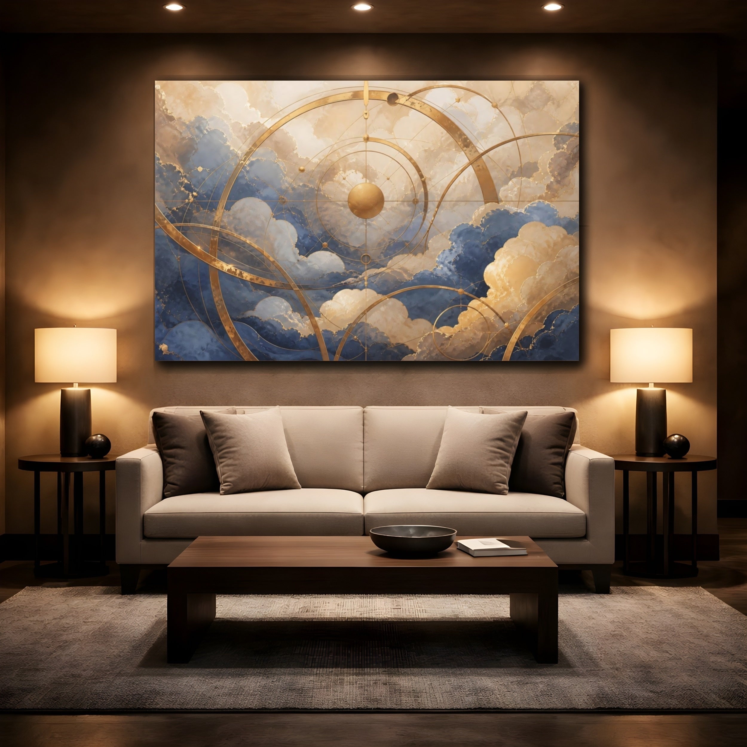 Mockup 2. Abstract Celestial Grid Blue Gold Abstract shown as stretched canvas wall art