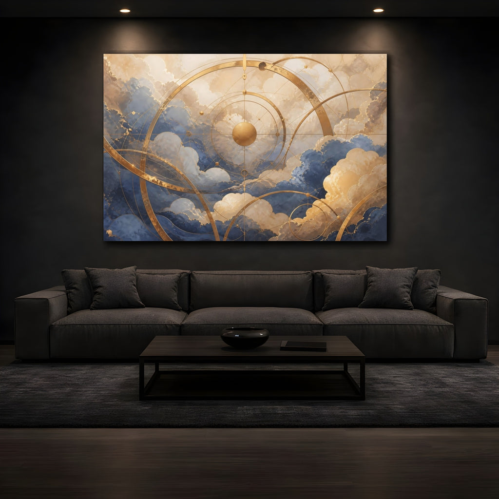 Mockup 3. Abstract Celestial Grid Blue Gold Abstract shown as stretched canvas wall art