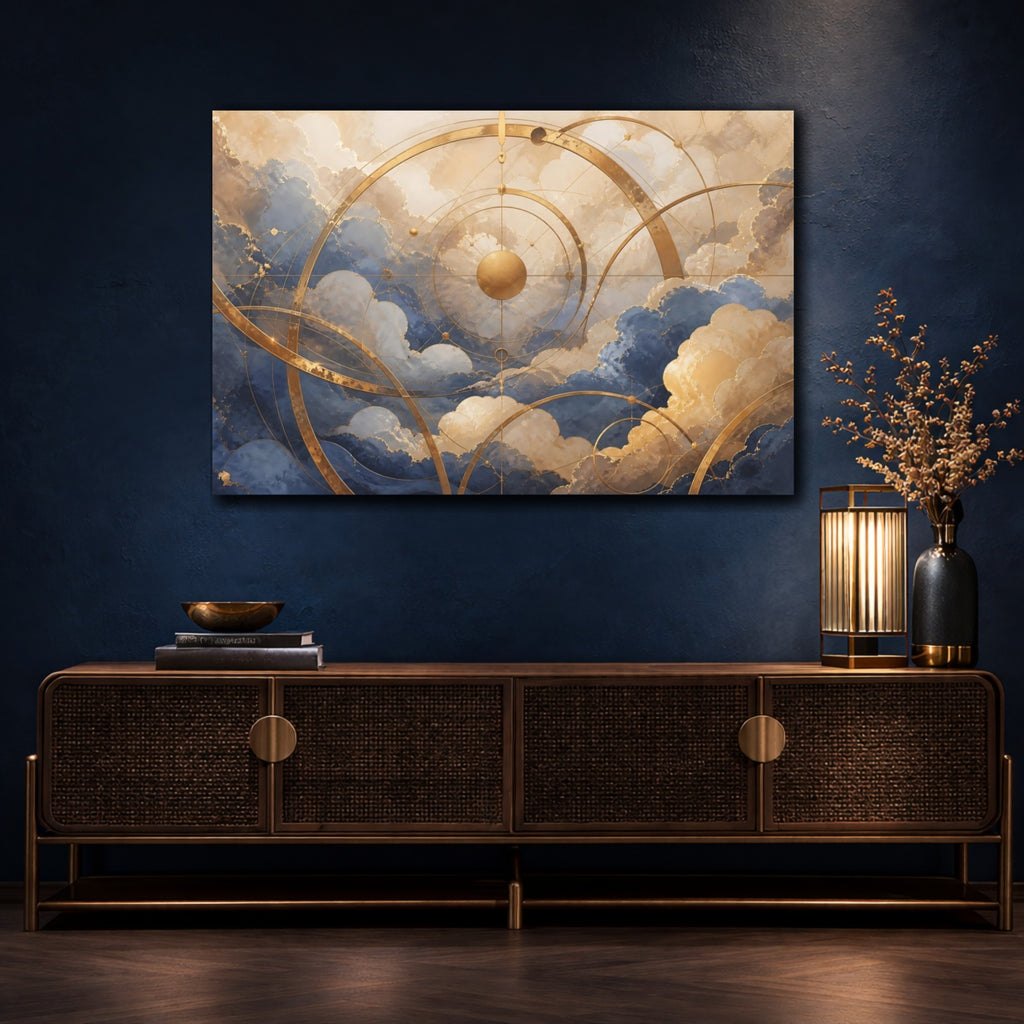 Mockup 4. Abstract Celestial Grid Blue Gold Abstract shown as stretched canvas wall art