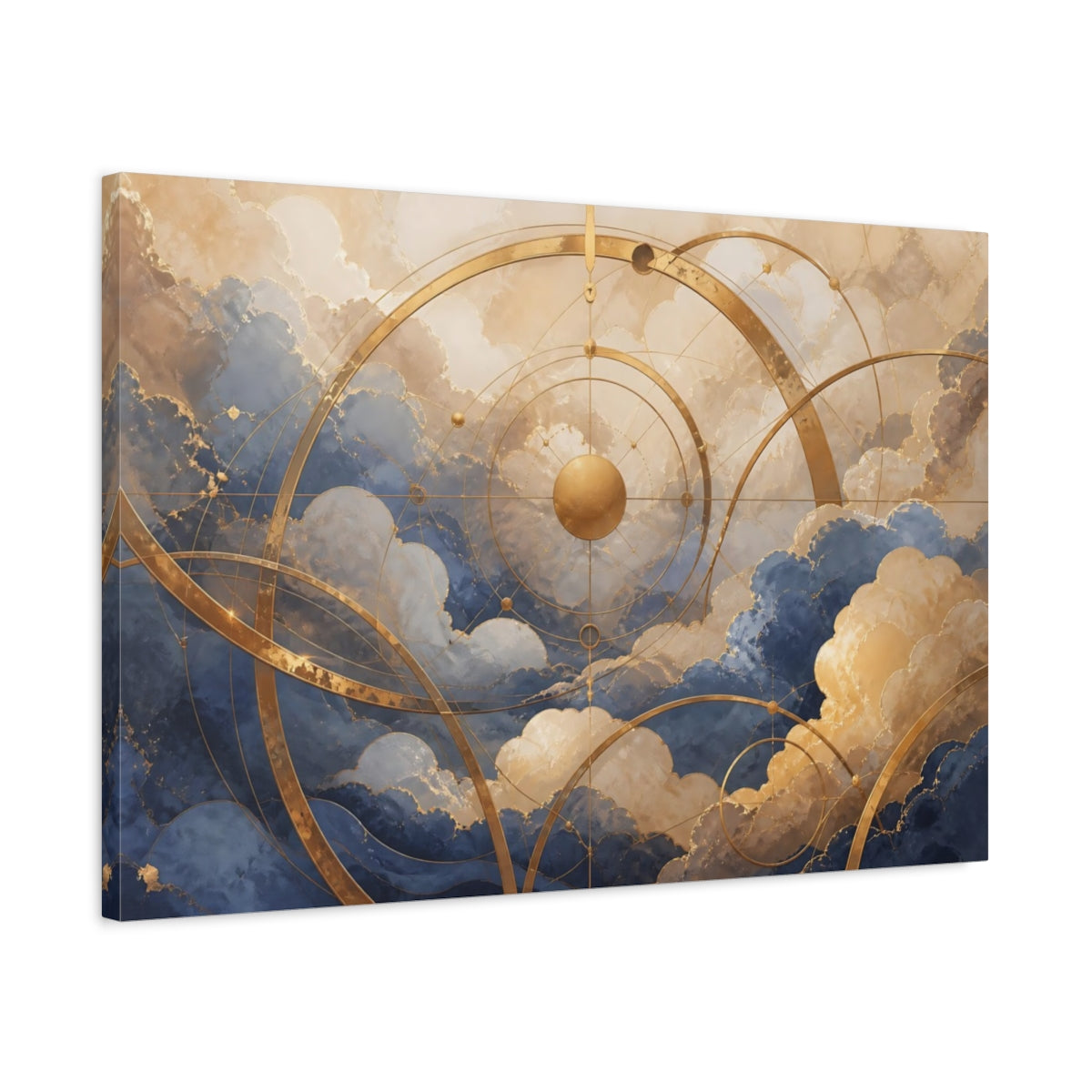 Side Mockup 2. Abstract Celestial Grid Blue Gold Abstract shown as stretched canvas wall art
