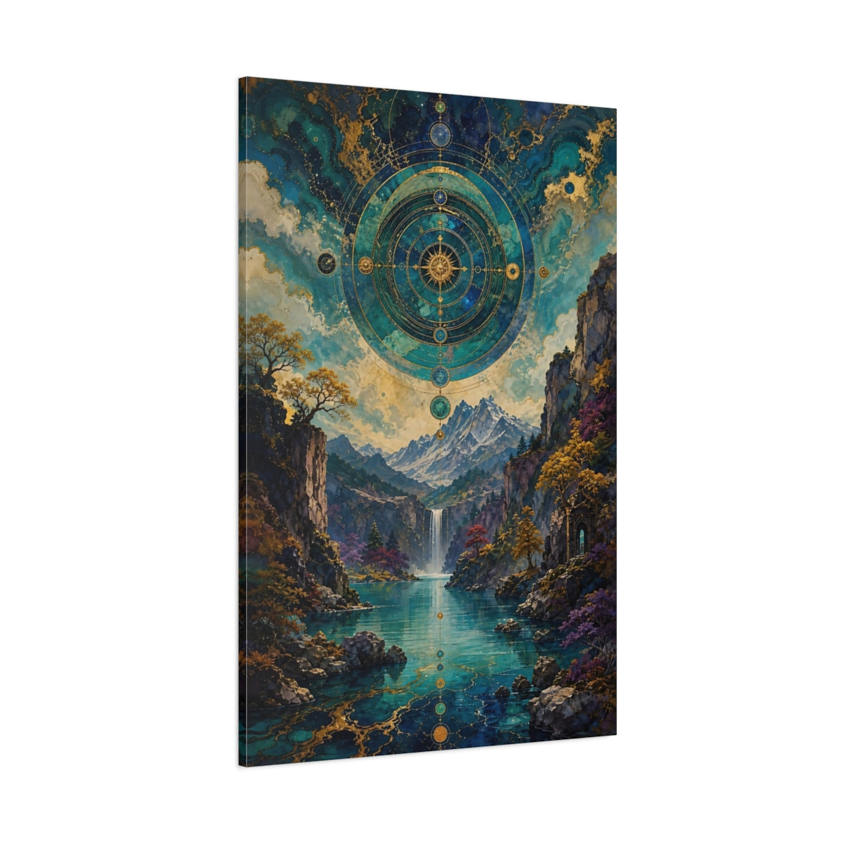 Side Mockup 1. Abstract Celestial Landscape Teal And Gold shown as stretched canvas wall art