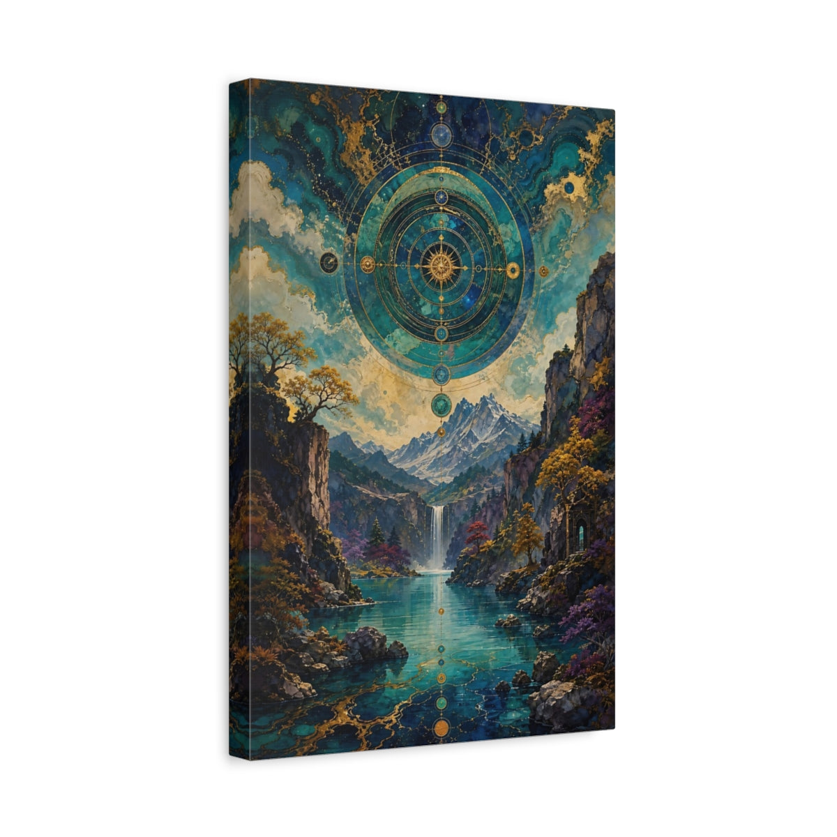 Side Mockup 4. Abstract Celestial Landscape Teal And Gold shown as stretched canvas wall art