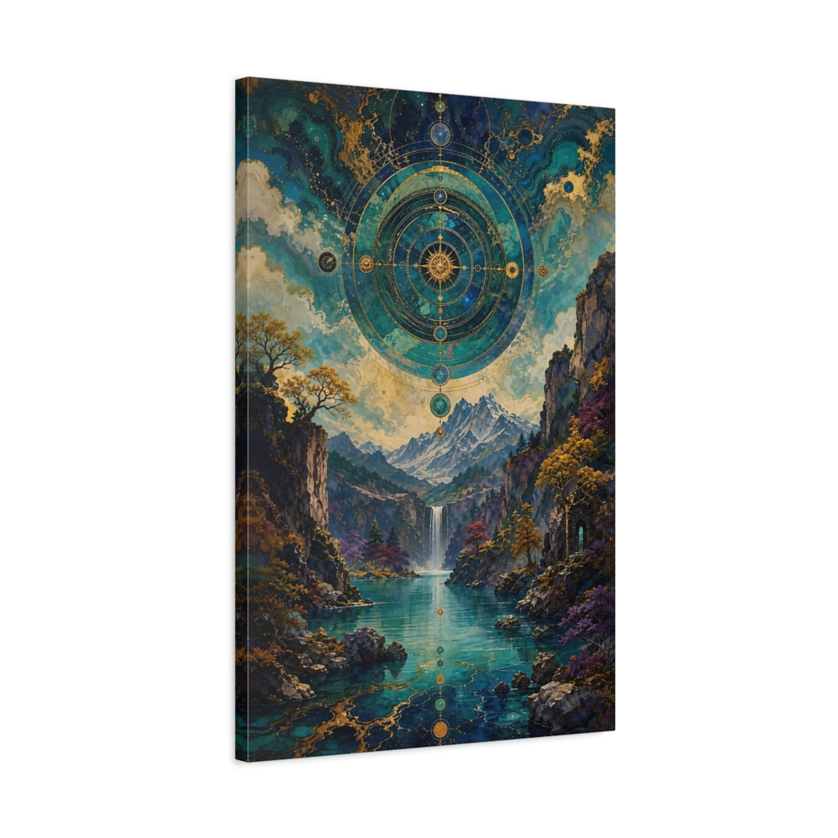 Side Mockup 2. Abstract Celestial Landscape Teal And Gold shown as stretched canvas wall art