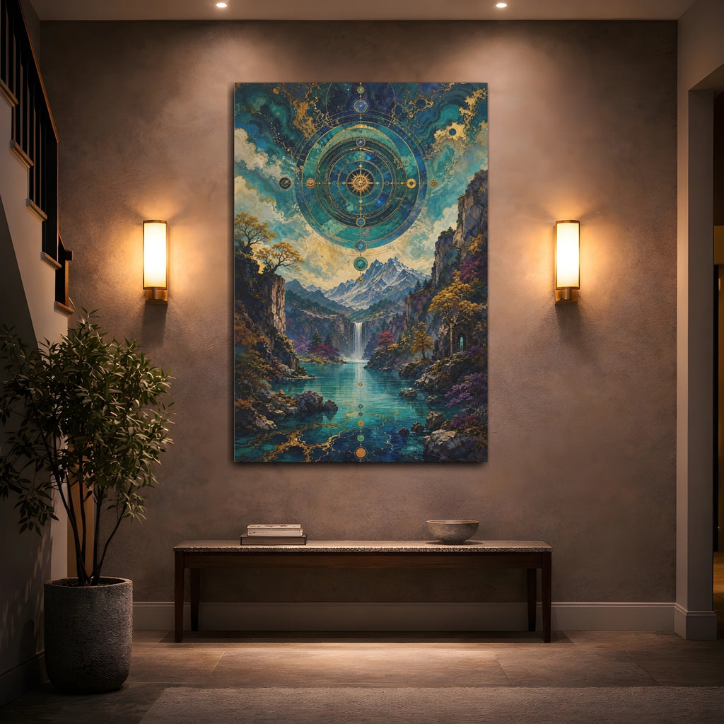 Mockup 2. Abstract Celestial Landscape Teal And Gold shown as stretched canvas wall art