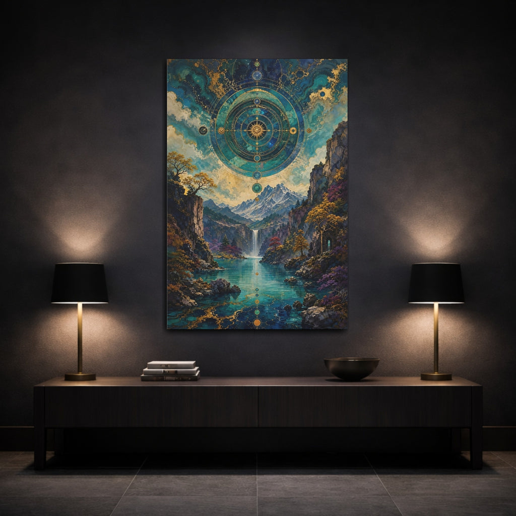 Mockup 3. Abstract Celestial Landscape Teal And Gold shown as stretched canvas wall art