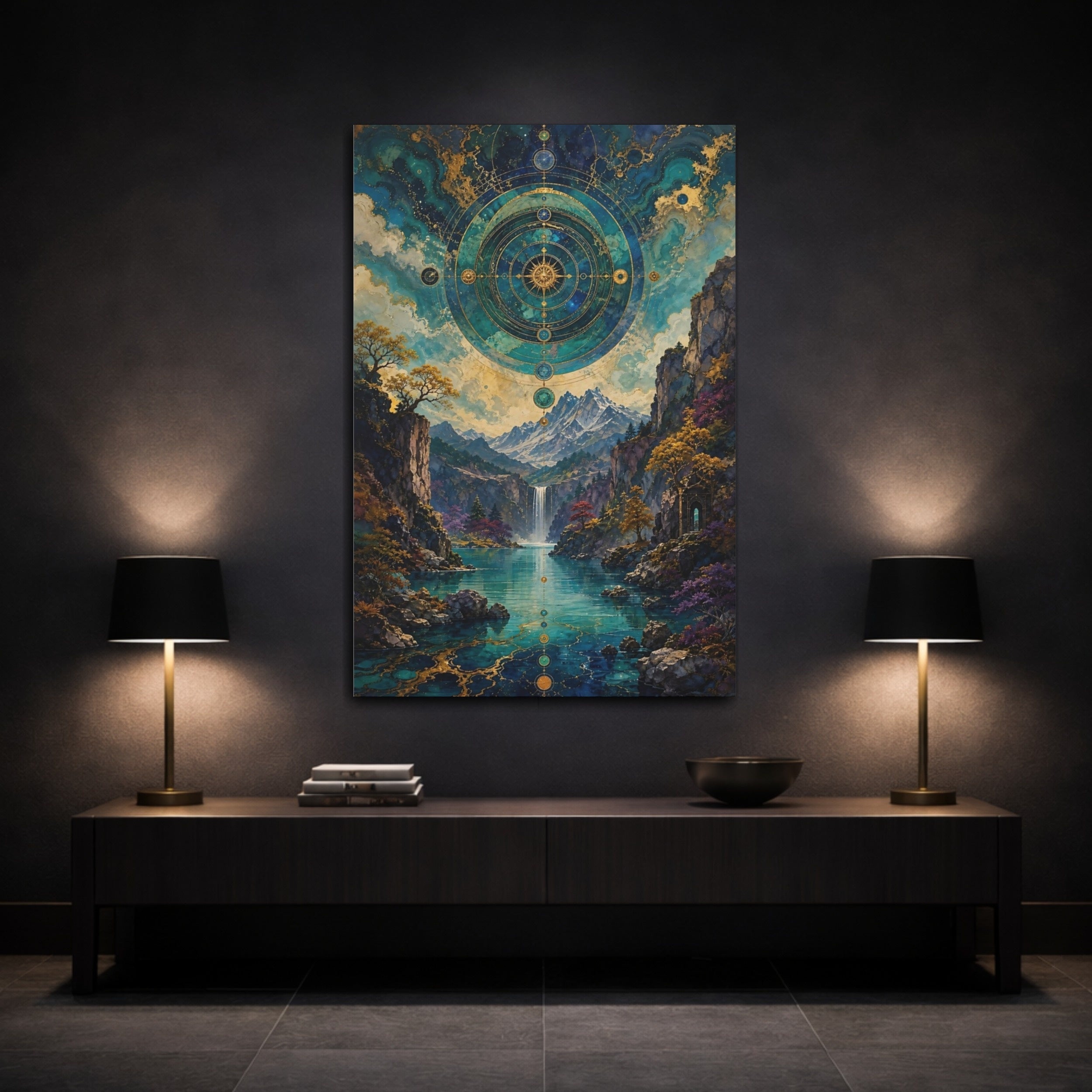 Mockup 3. Abstract Celestial Landscape Teal And Gold shown as stretched canvas wall art