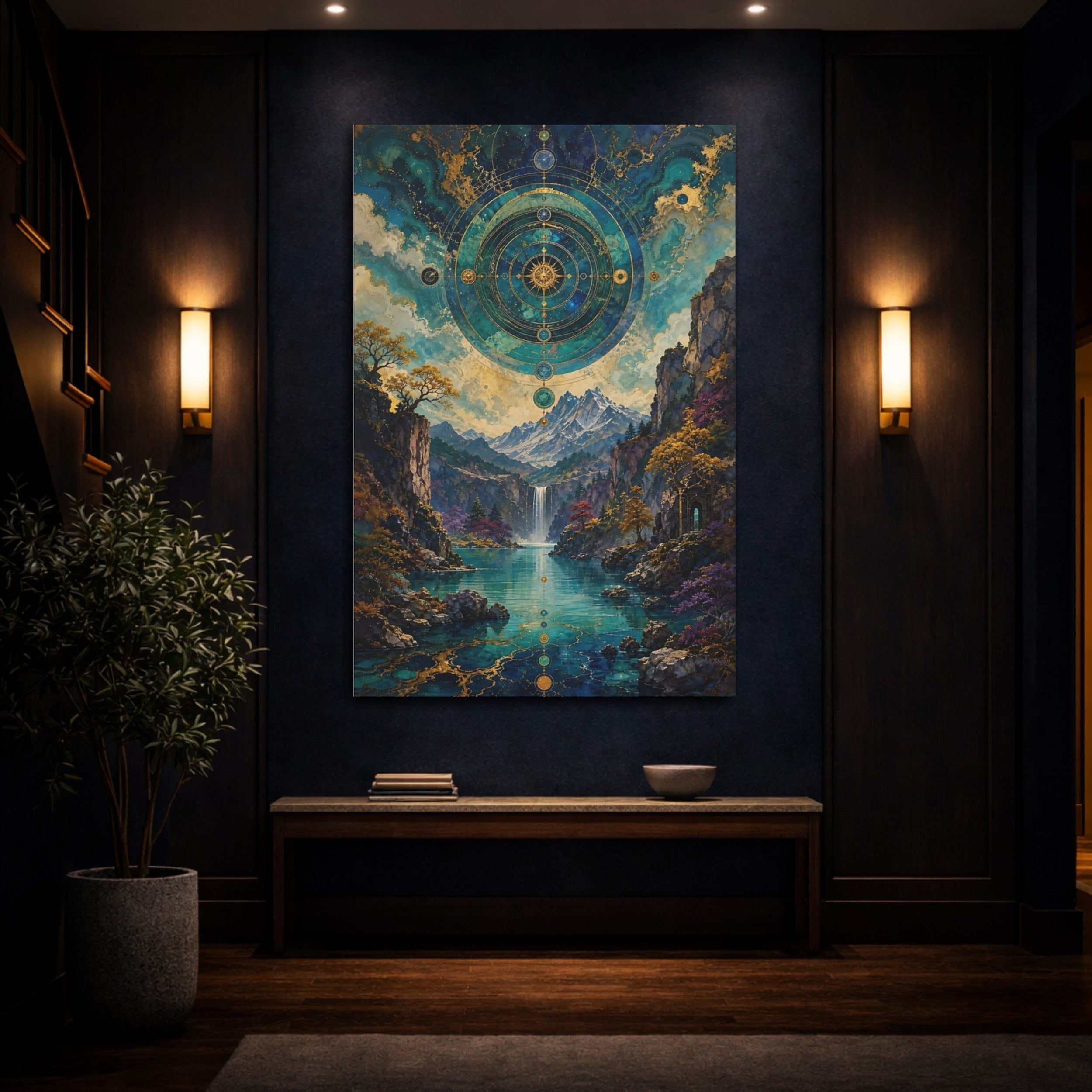 Mockup 4. Abstract Celestial Landscape Teal And Gold shown as stretched canvas wall art